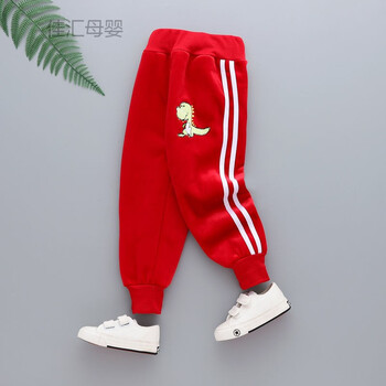 裤子女童秋冬款新款中小儿童运动裤加绒加厚宝宝长裤潮红色卡通小恐龙