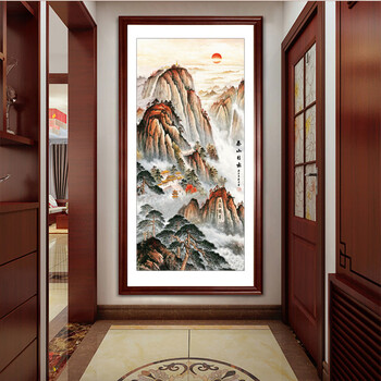 玄关装饰画招财风水竖版鸿运当头国画旭日东升办公室挂靠山水字画泰山
