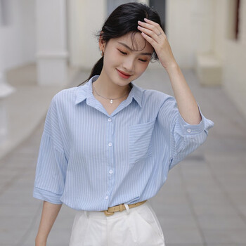 初申 2022年春夏款条纹短袖衬衫女宽松休闲通勤职业气质百搭衬衣上衣