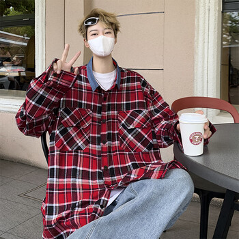 领拼接格子衬衫男秋季美式复古潮牌痞帅高街工装休闲衬衣外套红色m