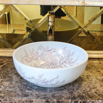 卫生间陶瓷洗脸盆洗手盆台上盆卫浴室艺术台盆洗面池圆形白色金梅花