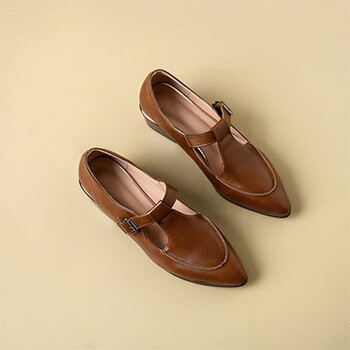 复古尖头中跟凉鞋女2023夏季休闲气质粗跟包头单鞋镂空罗马女鞋棕色34