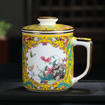茶杯陶瓷茶水分离杯子带盖珐琅彩泡茶杯带茶漏过滤2021新款黄色礼盒
