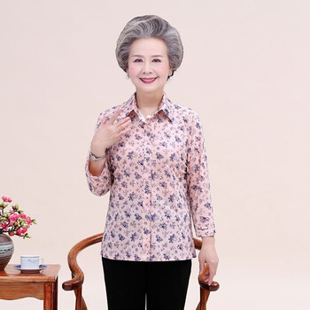 老奶奶穿的夏季套装长袖老人家衣服女夏天中老年人衬衫女薄款60岁妈妈
