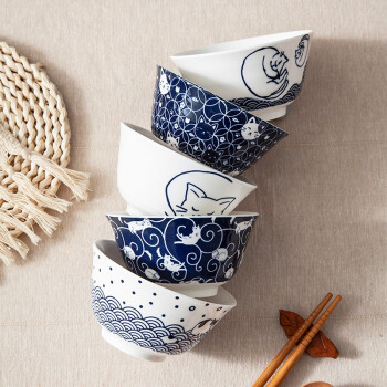 樱之歌 日式和风猫咪系列米饭碗5件套 精致瓷器饭碗（微波炉可用）