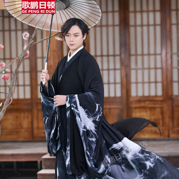 男女加胖情侣魏晋风汉服女交领齐腰襦裙重明一水墨印花 黑色男款套装