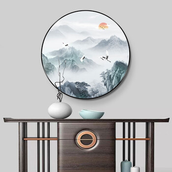 轩色  纯手绘油画新中式圆形装饰画玄关装饰画背景墙山水画带灯led