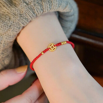 易升黄金铜钱手链女999足金简约潮流时尚手工编织红绳手绳手饰品本命