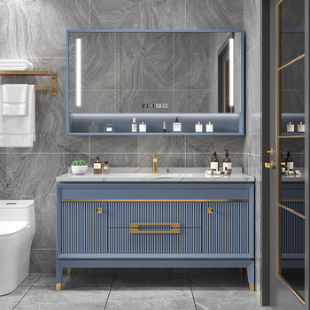 凸凸卫浴 简约洗手盆浴室柜组合落地岩板无缝陶瓷一体洗脸盆柜卫生间