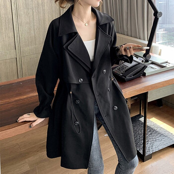 网红风衣收腰休闲复古时尚薄外套女赫本风气质垂感百搭大衣潮黑色l