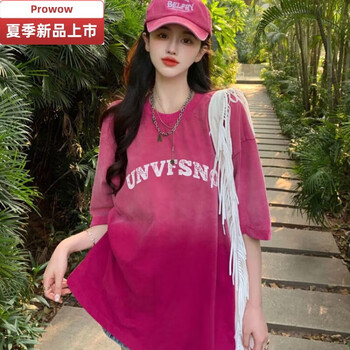 prowow美式渐变色短袖t恤女夏设计感小众宽松印花下衣失踪上衣玫红色