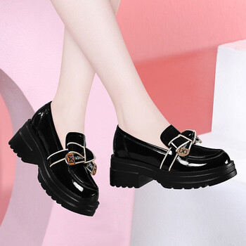 高跟亮皮鞋女士厚底防水台圆头春夏天时尚休闲小皮鞋女装方根单鞋一脚