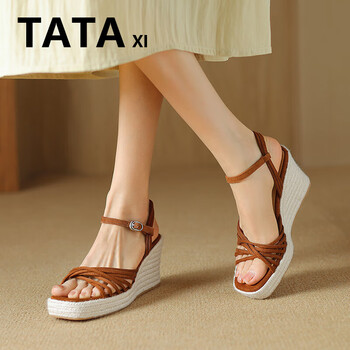 女鞋时尚2024新款夏罗马凉鞋草编舒适露趾百搭坡跟防水台凉鞋女棕色37