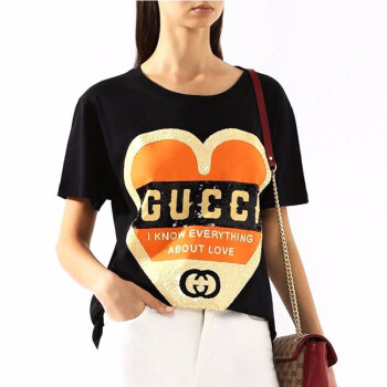 gucci年夏季新款女士亮片爱心棉质黑色短袖t恤492347xjb721082黑色s