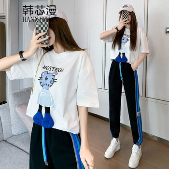 韩芯漫时尚夏季休闲套装女学生韩版宽松初中生女生短袖衣服女夏天t恤少女中学生短袖上运动长裤子一套白衣 黑裤