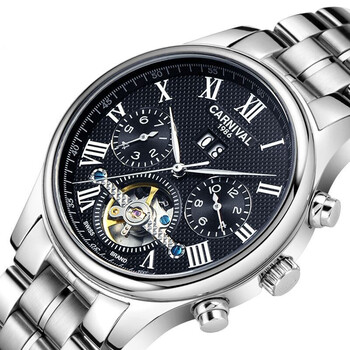 嘉年华手表男机械表全自动陀飞轮镂空多功能皮带精钢防水男表 8670