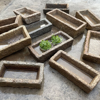 凌曦老石槽鱼缸流水石头花盆水缸造景石缸水景户外别墅阳台装饰摆件