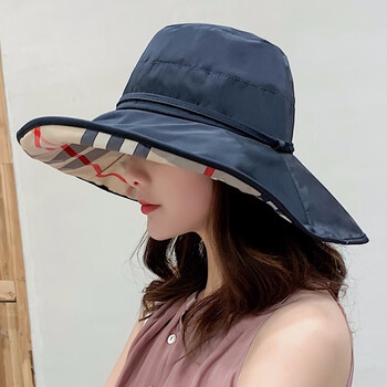 夏季海边格子沙滩帽女时尚休闲大沿帽防晒百搭遮阳帽女士潮人气质圆