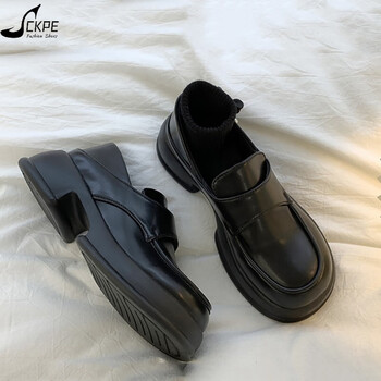 ckpe厚底黑色小皮鞋女2022秋冬季英伦风新款日系jk增高一脚蹬单鞋圆头