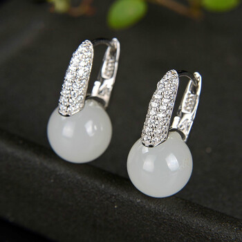 天然和田玉耳钉女款和田玉碧玉925银玉质耳环玉石白玉耳环