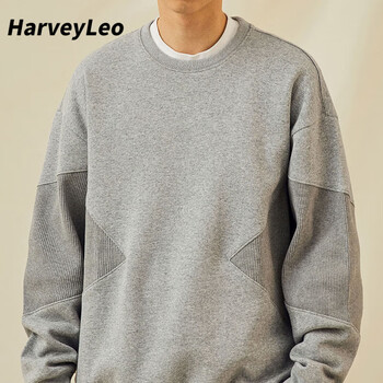 harveyleo男款日系纯色秋冬圆领卫衣男士拼接外套男生款情侣长袖灰色m