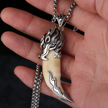 优麦品银貔貅狼牙吊坠霸气手工真牙男士项链个性随身钥匙扣挂件潮