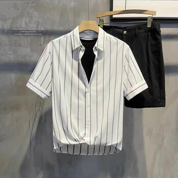 男士潮流五分中袖休闲网红青年宽松韩版短袖上衣五分袖白色l120140斤