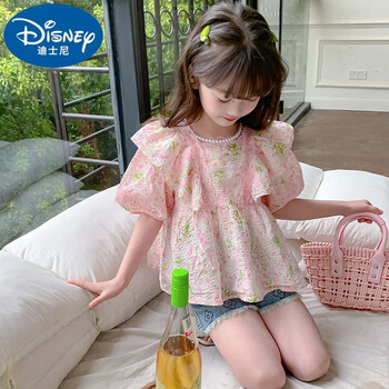 (disney)女童衬衫2024夏装新款短袖碎花儿童小女孩泡泡袖半袖上衣