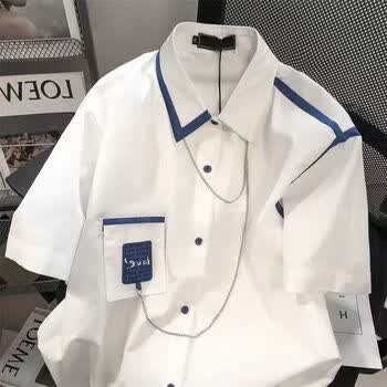 wgai系男装夏季衬衫小众痞帅短袖男女设计感港风撞色项链情侣宽松白色