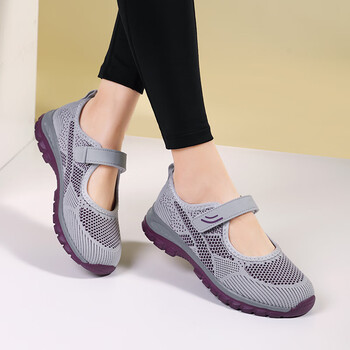足力健夏季网面女鞋镂空透气凉鞋女加宽妈妈鞋拇指外翻老北京布鞋 灰