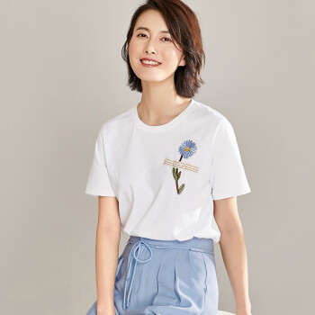尚都比拉（Sentubila） 夏季女装花卉刺绣棉质百搭上衣短袖T恤女 112T35475X 白色 XL
