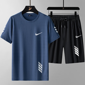 耐克顿男士夏季运动服套装冰丝速干薄款男款休闲搭配帅气短袖恤 深蓝