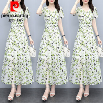 皮尔卡丹（pierre cardin）加码胖雪纺碎花连衣裙女2025年夏季新款收腰显瘦气质夏天长裙子针 清新绿 M (建议90-100斤)