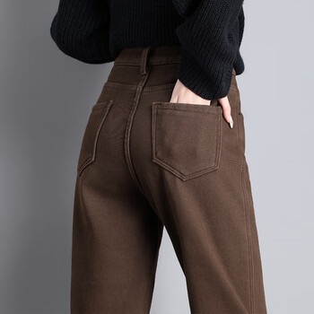 裤子女外穿宽松时尚裤子女春秋冬女裤萝卜休闲牛仔裤女 咖啡色加绒