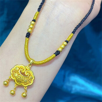 dleo老凤凰古法黄金如意平安锁吊坠足金硬金莲花镂空福字长命锁包项链