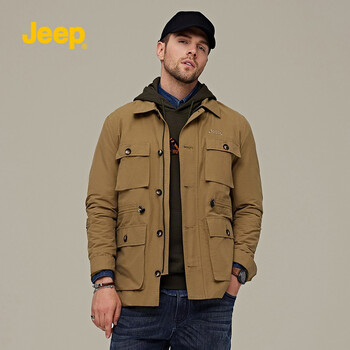 jeep男装外套2021春秋新品男士百搭刺绣夹克时尚休闲多口袋上衣男纯色