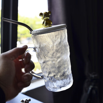 厨小知安骏冰川纹玻璃水杯子带盖把可爱女生家用ins风高颜值茶杯咖啡