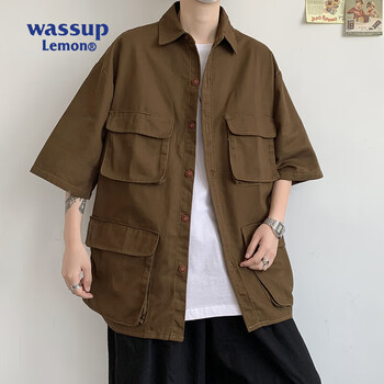 wassuplemon日系工装短袖衬衫男夏季潮流大码宽松个性大口袋休闲半袖