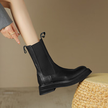 畏又轻奢里外纯皮秋冬头层牛皮棕色中筒靴切尔西靴女圆头粗跟短靴女