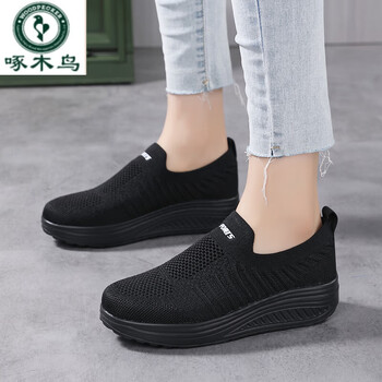 啄木鸟工作鞋女久站不累上班鞋软底鞋黑色运动鞋全黑摇摇鞋厚底老北京