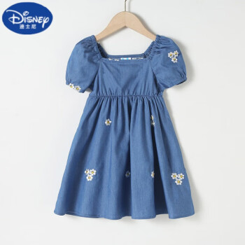 迪士尼（DISNEY） 儿童牛仔裙泡泡袖夏季2023新款刺绣韩版公主裙洋气女童连衣裙 深蓝色 90cm