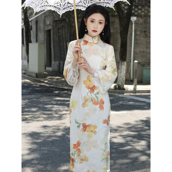 纪库梵复古民国风麂皮绒旗袍2023年早秋新款年轻款少女倒大袖连衣裙