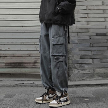长牛仔休闲裤春秋多口袋工装裤男款裤子宽灰色高质量m80100斤>350_350