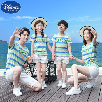 迪士尼（Disney）夏款亲子装一家四口夏洋气母子母女装短袖T恤沙滩一大一小全家装 单件绿条T恤 儿童90建议身高80-90厘米