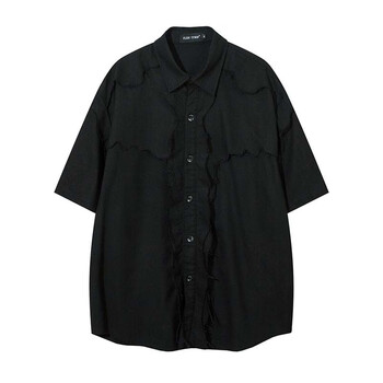 清喜美式复古毛边破坏水洗衬衫男夏季小众设计感上衣服黑色m