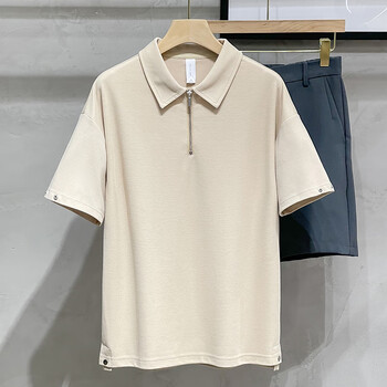 风潮流宽松短袖polo衫男夏季设计感半拉链套头翻领t恤卡其色s90105斤