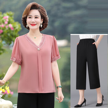 特黛尼老年人小个子夏天衣服女套装妈妈夏装短袖洋气中年雪纺小衫t恤