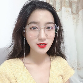 眼镜框女网红款复古多边形超轻韩版圆脸带链条眼睛大脸大框显瘦女 银