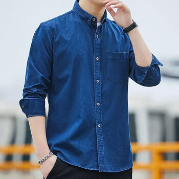 以纯同款春秋季男士牛仔外套纯棉衬衫韩版上衣休闲厚款青年宽松深蓝色