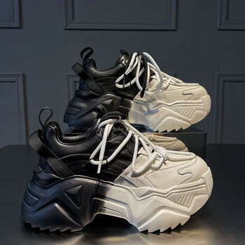 mojy黑白老爹鞋女款2022春秋新款拼色厚底松糕休闲内增高 黑白-厚底